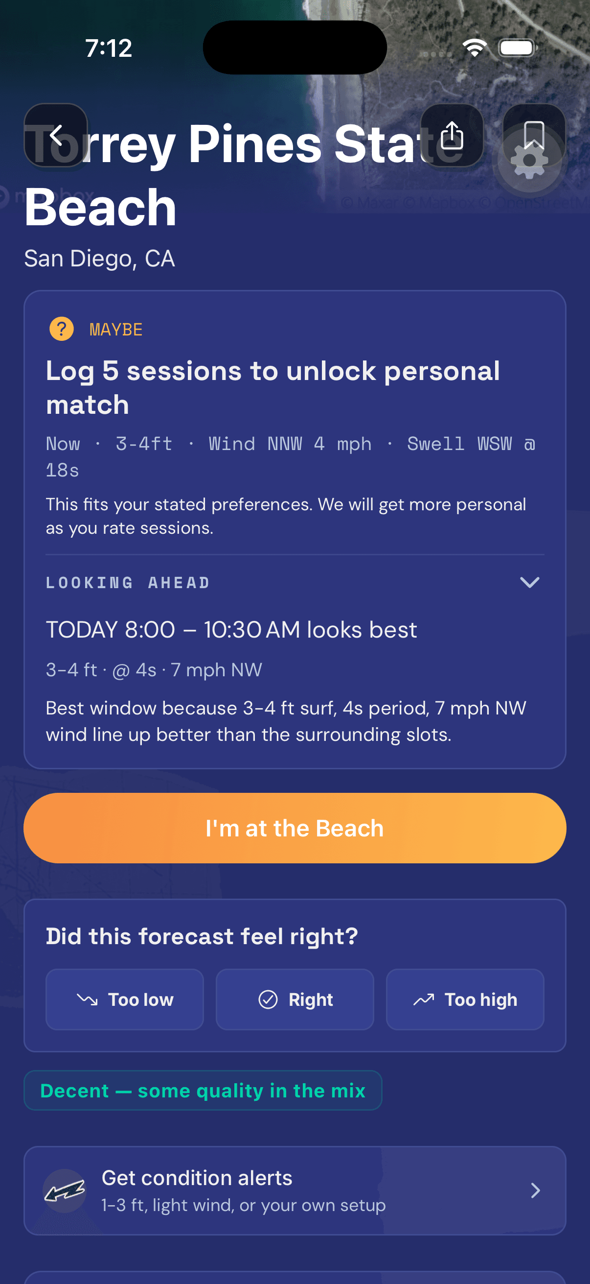 Quiver beach detail screen showing a personal match prompt and forecast feedback controls.