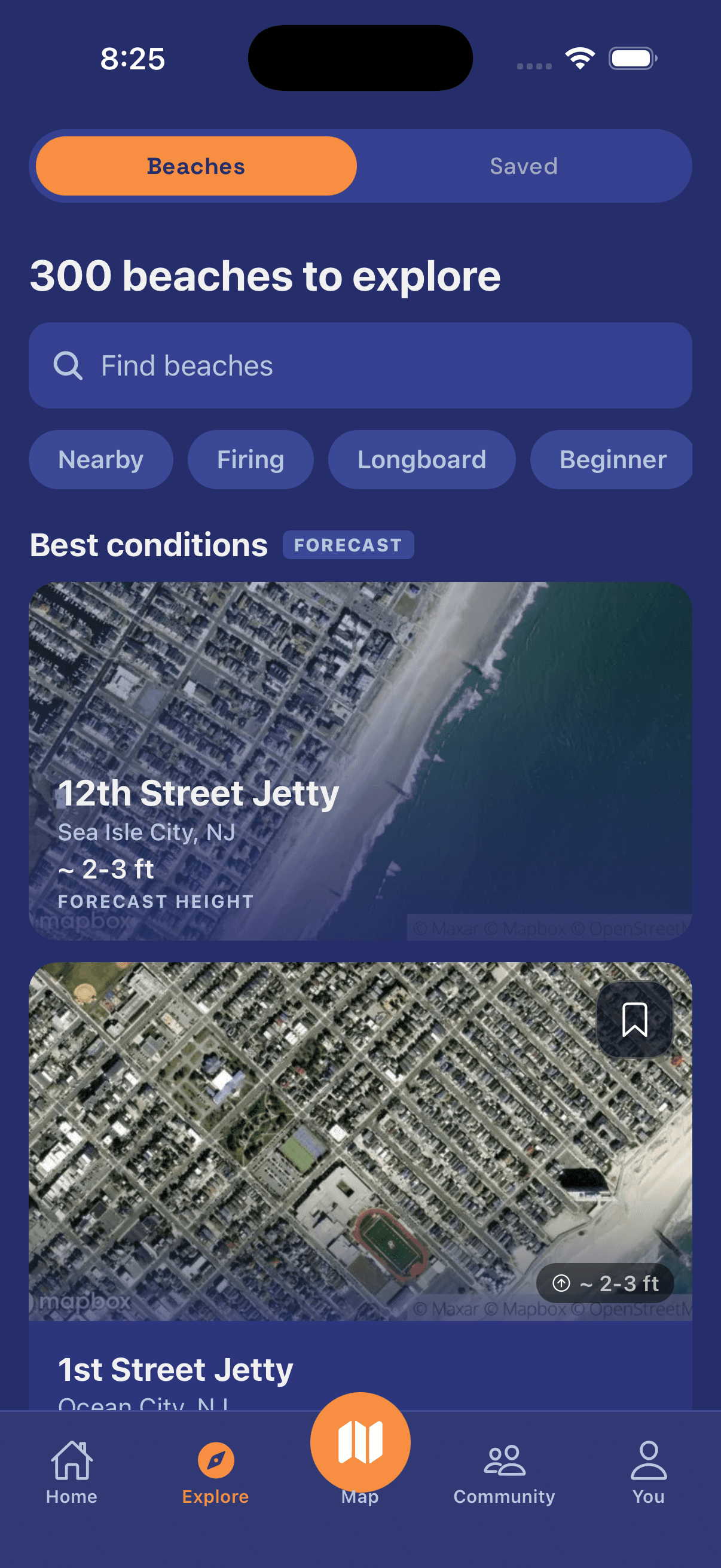 Quiver explore screen showing 300 beaches and saved beach cards.