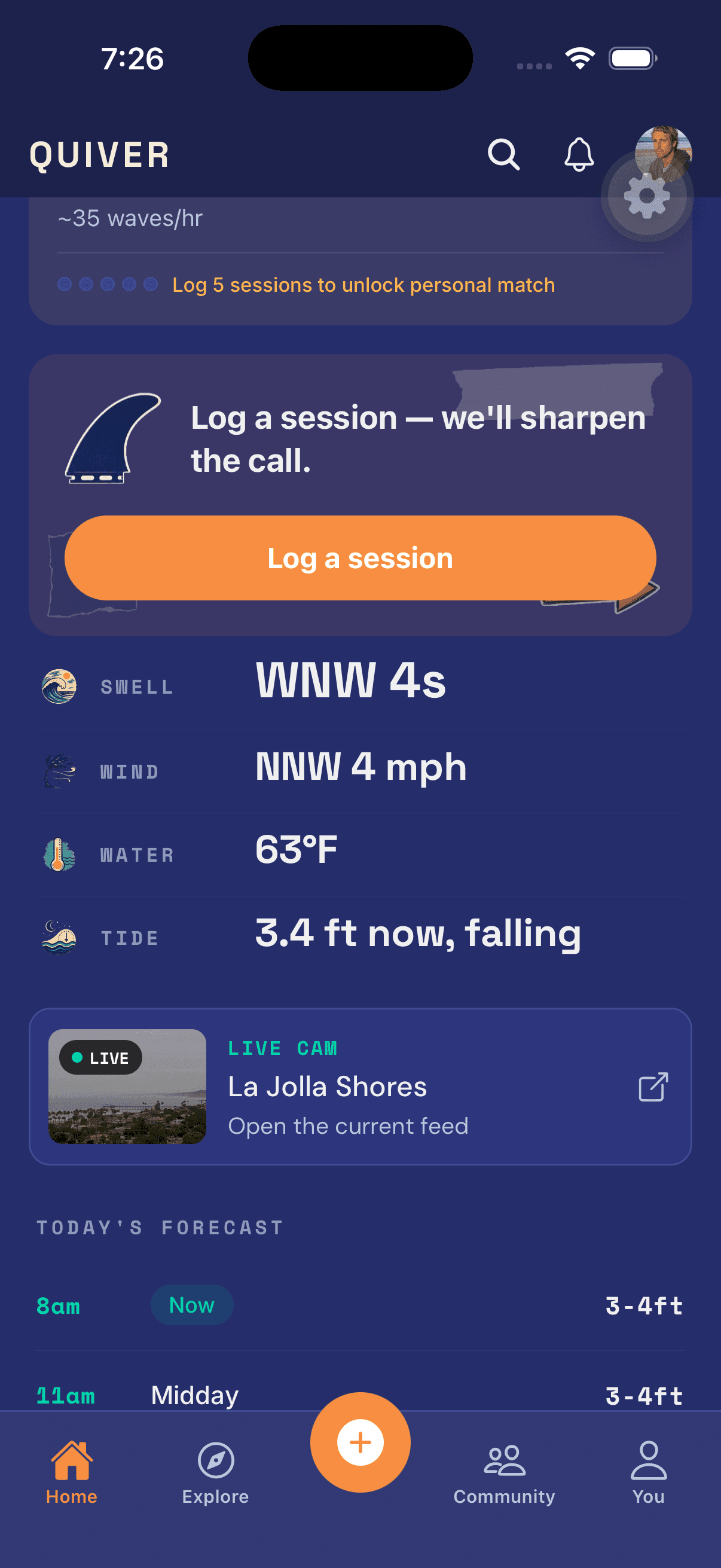 Quiver home screen showing a session logging prompt and surf conditions.