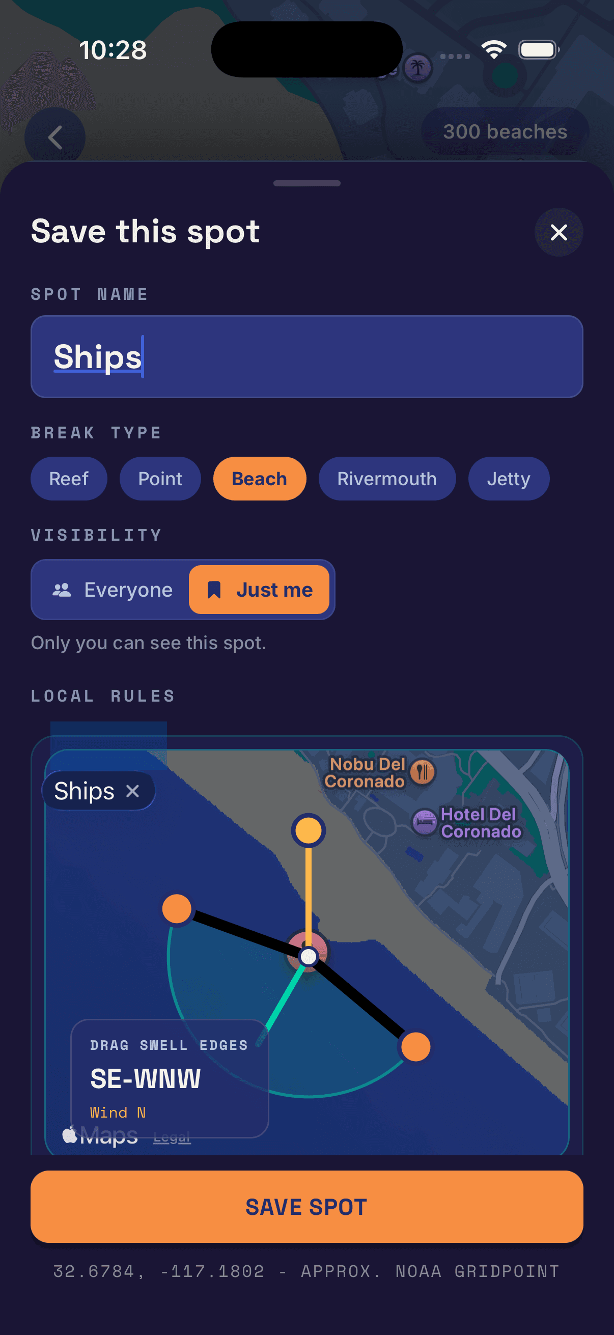 Quiver custom spot editor with name, break type, visibility, and local rules map.