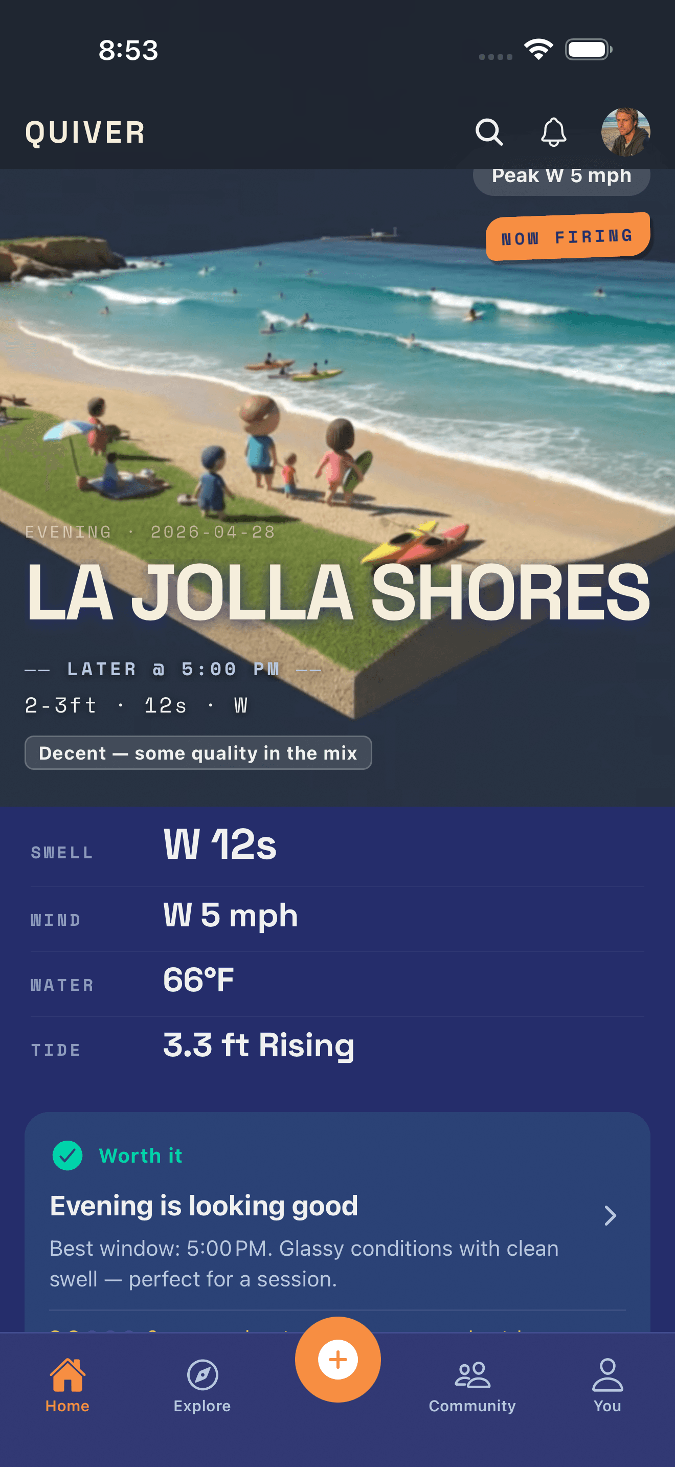 Quiver forecast screen showing a surf call