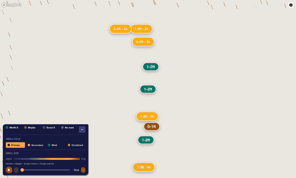 Quiver Swell View — live swell field over a stretch of coast