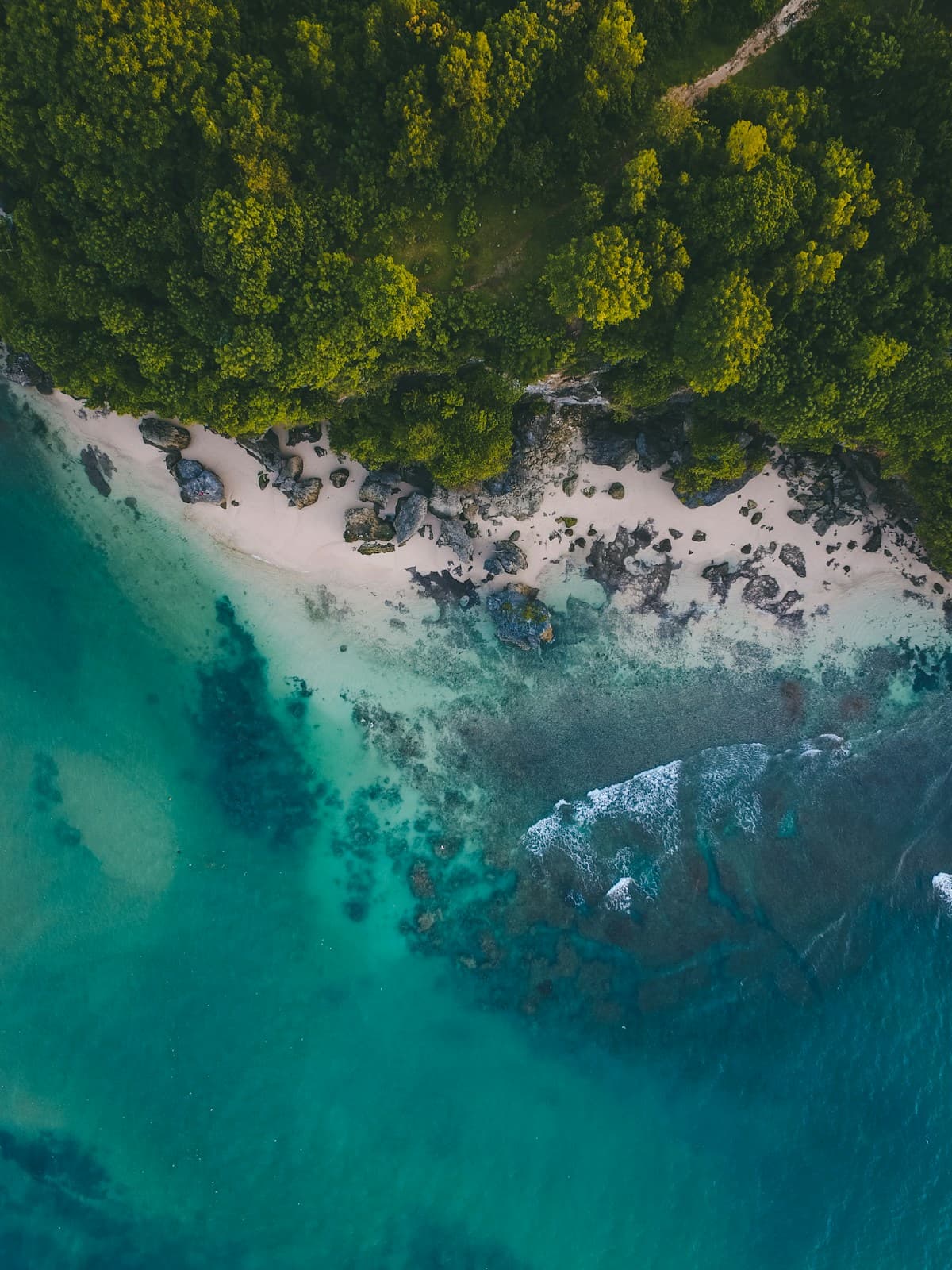 Aerial view of swell lines hitting the coastline at an angle