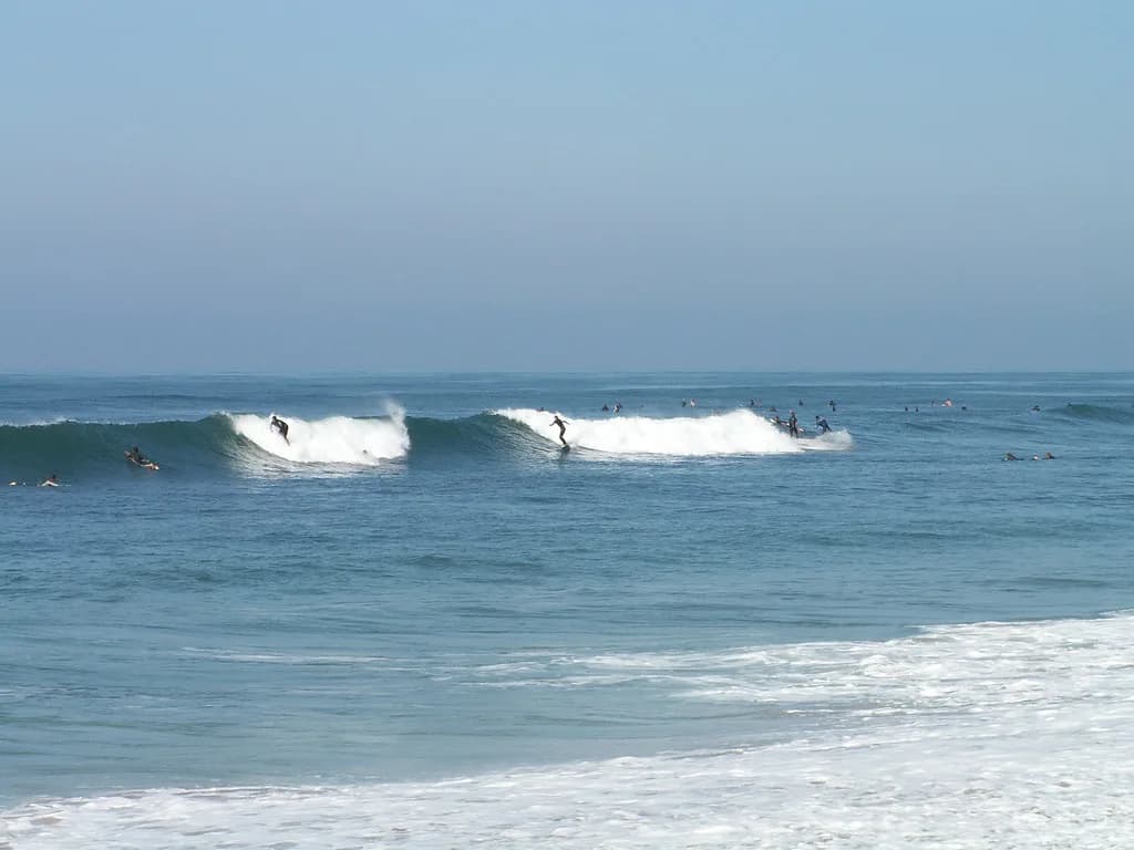 Two surfers riding small, peeling beach-break waves on a clear morning