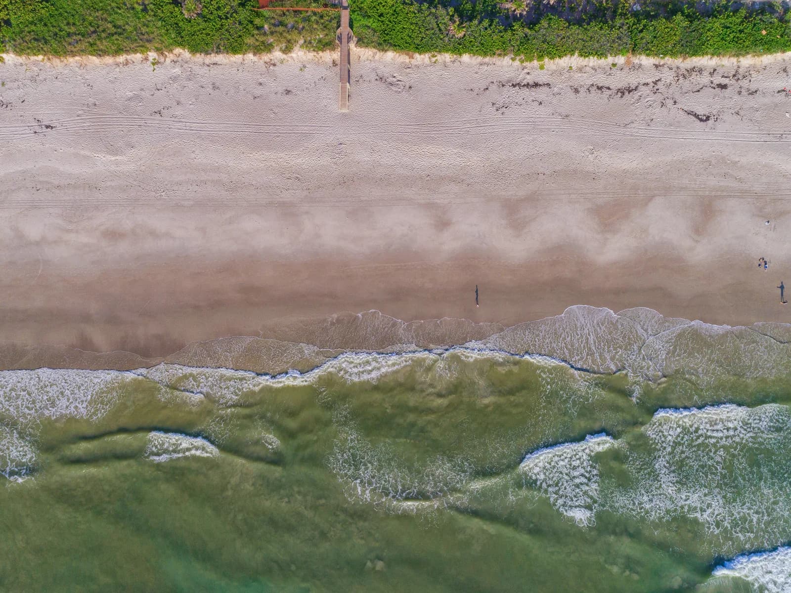 Satellite Beach seen from directly above: dunes, sand and small waves breaking unevenly close to shore