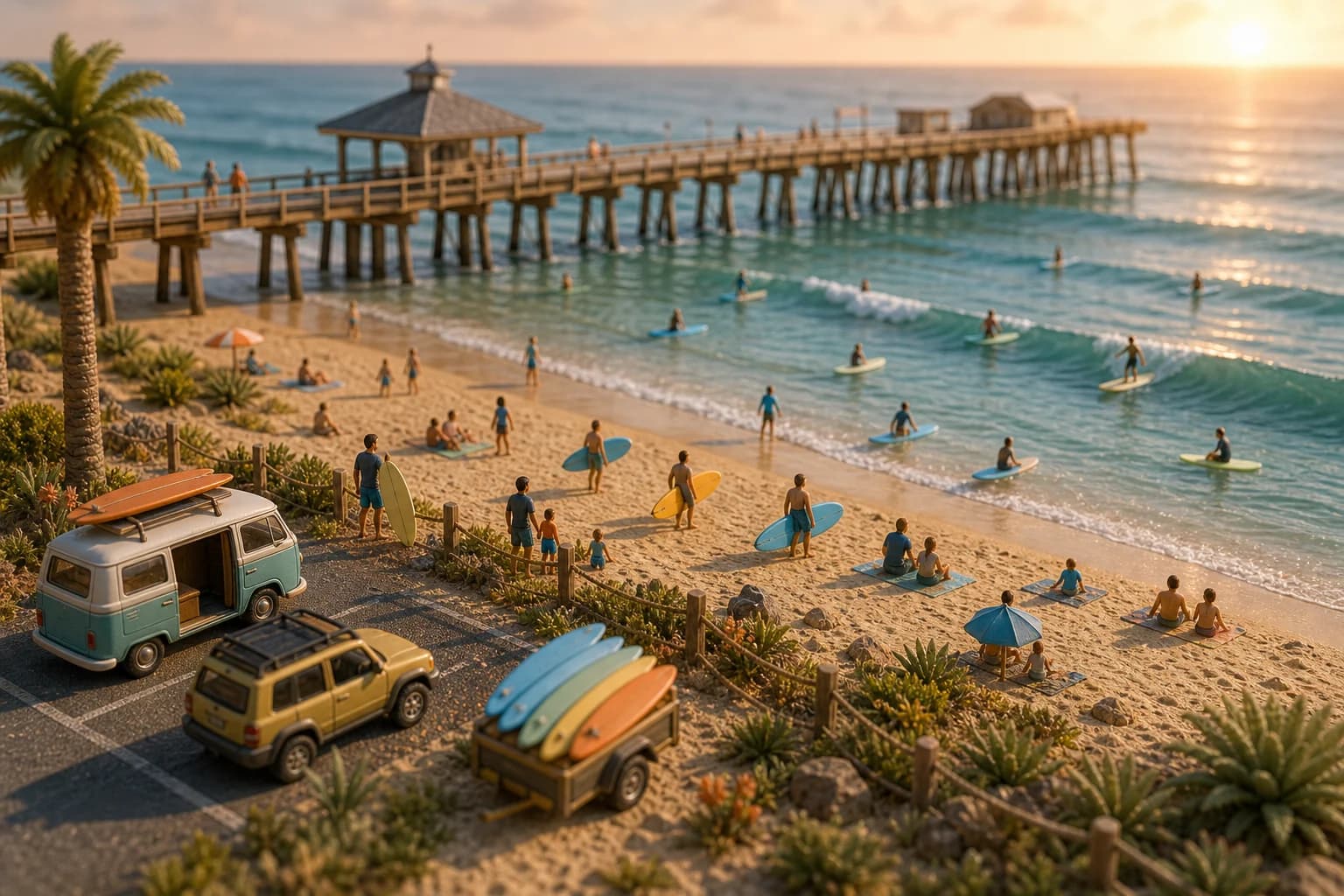 Miniature Cocoa Beach pier beginner wave diorama