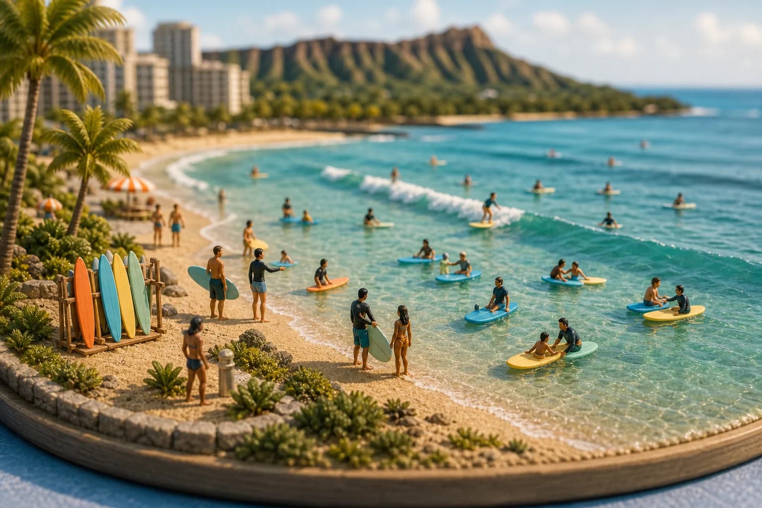Miniature Waikiki beginner lesson zone with soft-top boards
