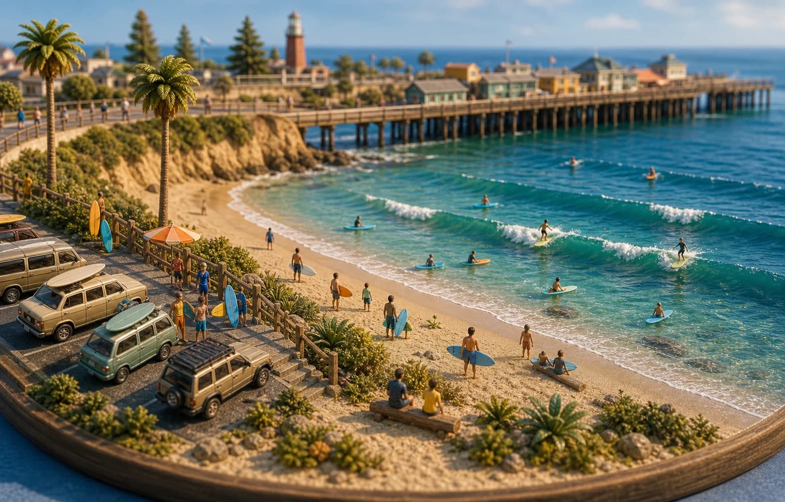 Miniature Cowell's beginner wave diorama with tiny learners