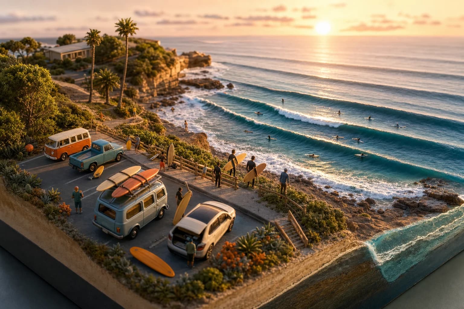 Quiver-style diorama of a longboard surfer checking Cardiff reef in Encinitas