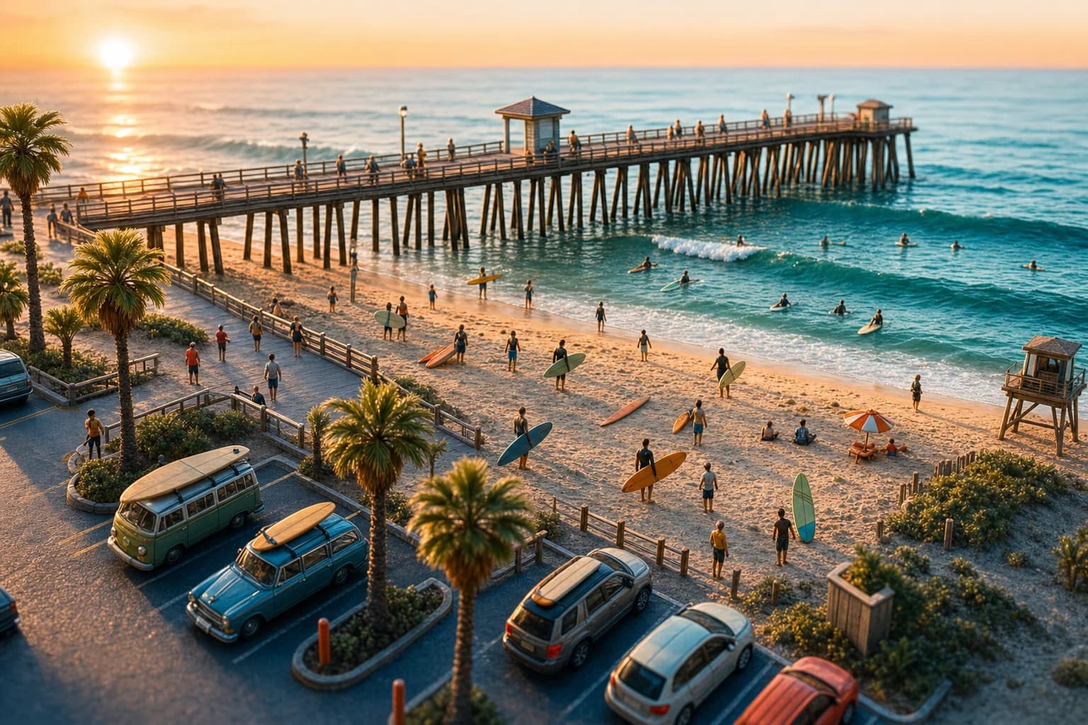 Miniature Cocoa Beach pier longboard diorama