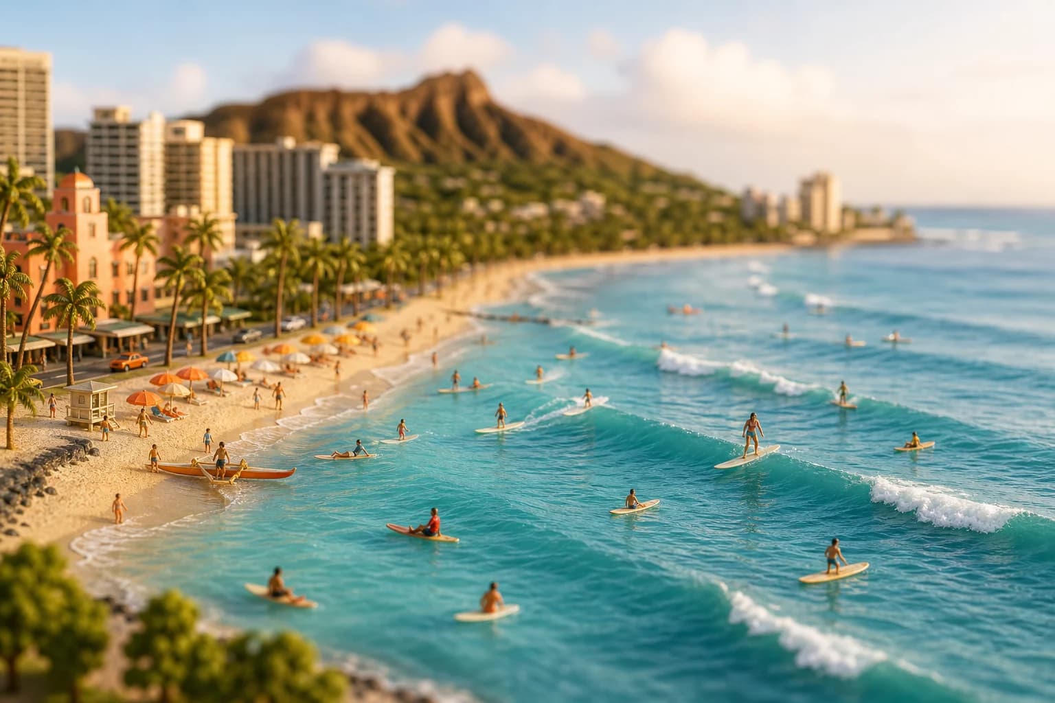 Miniature Waikiki Queens and Canoes-inspired mellow longboard wave