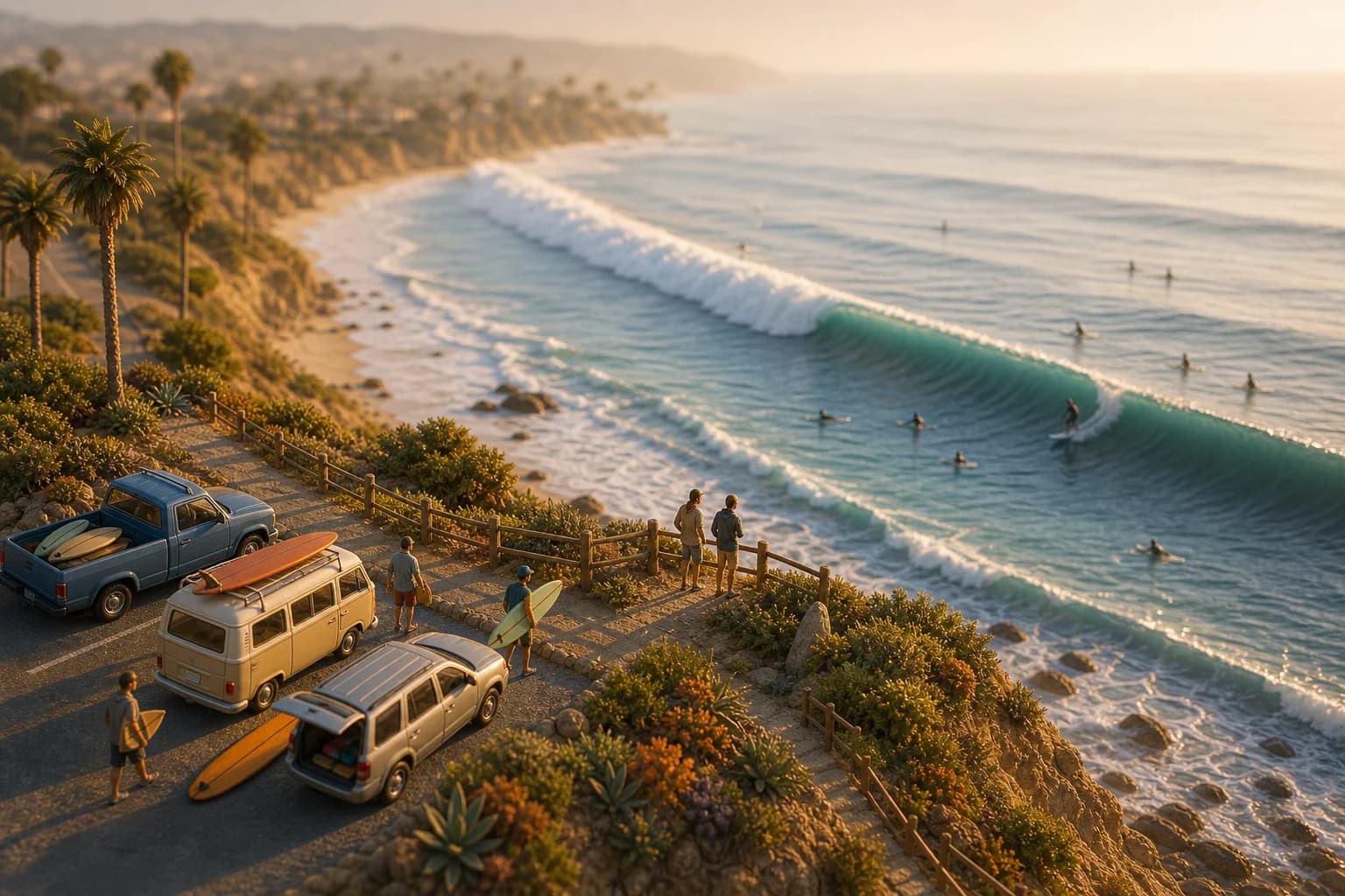 Miniature C-Street point-break diorama with a long peeling right