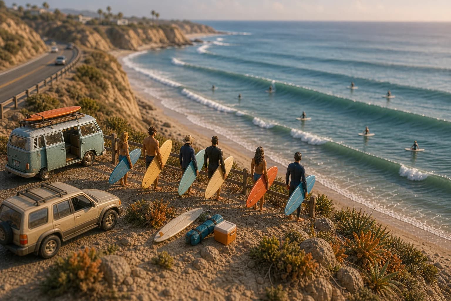 Miniature Malibu point-wave diorama with tiny longboarders