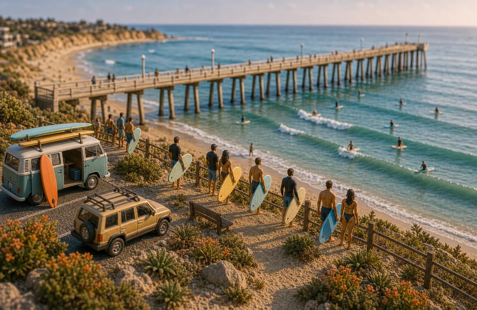 Miniature Scripps Pier surf-check diorama with pier pilings and surfers