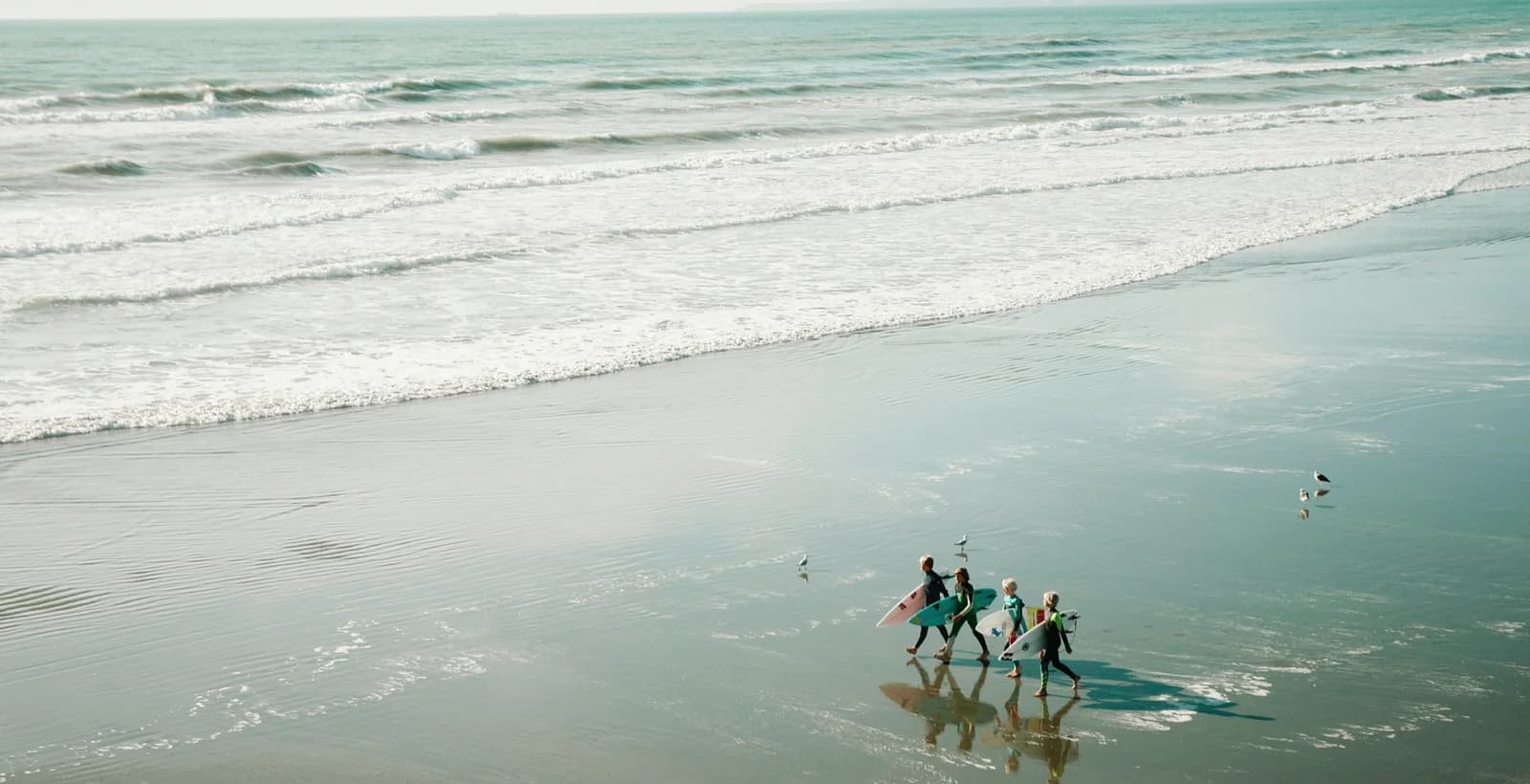 Beginner surfers walking across wet sand beside small rolling waves.