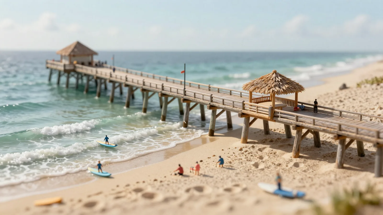 Cocoa Beach Pier stretching over small surf with surfers on the sand.