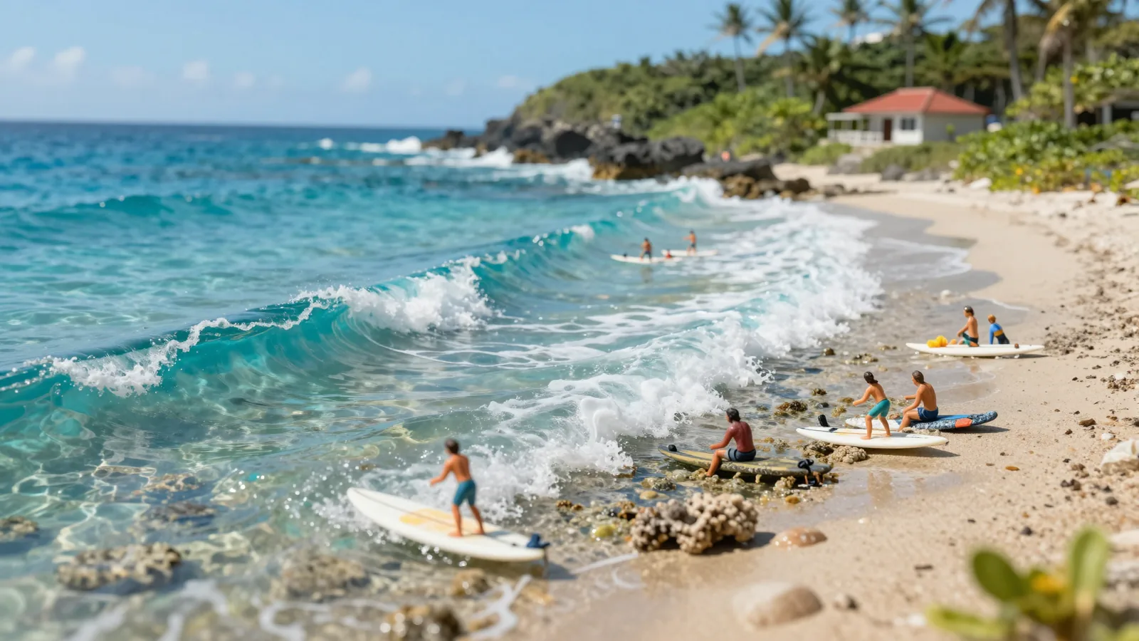 María's Beach in Rincón with clear reef waves and surfers at the shoreline.