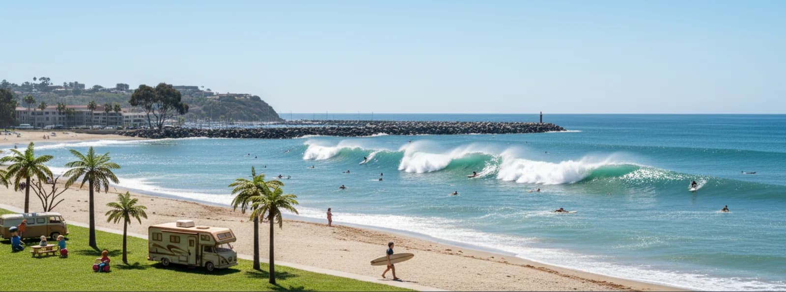 Longboard-friendly beach scene with clean waves and an open shoreline.