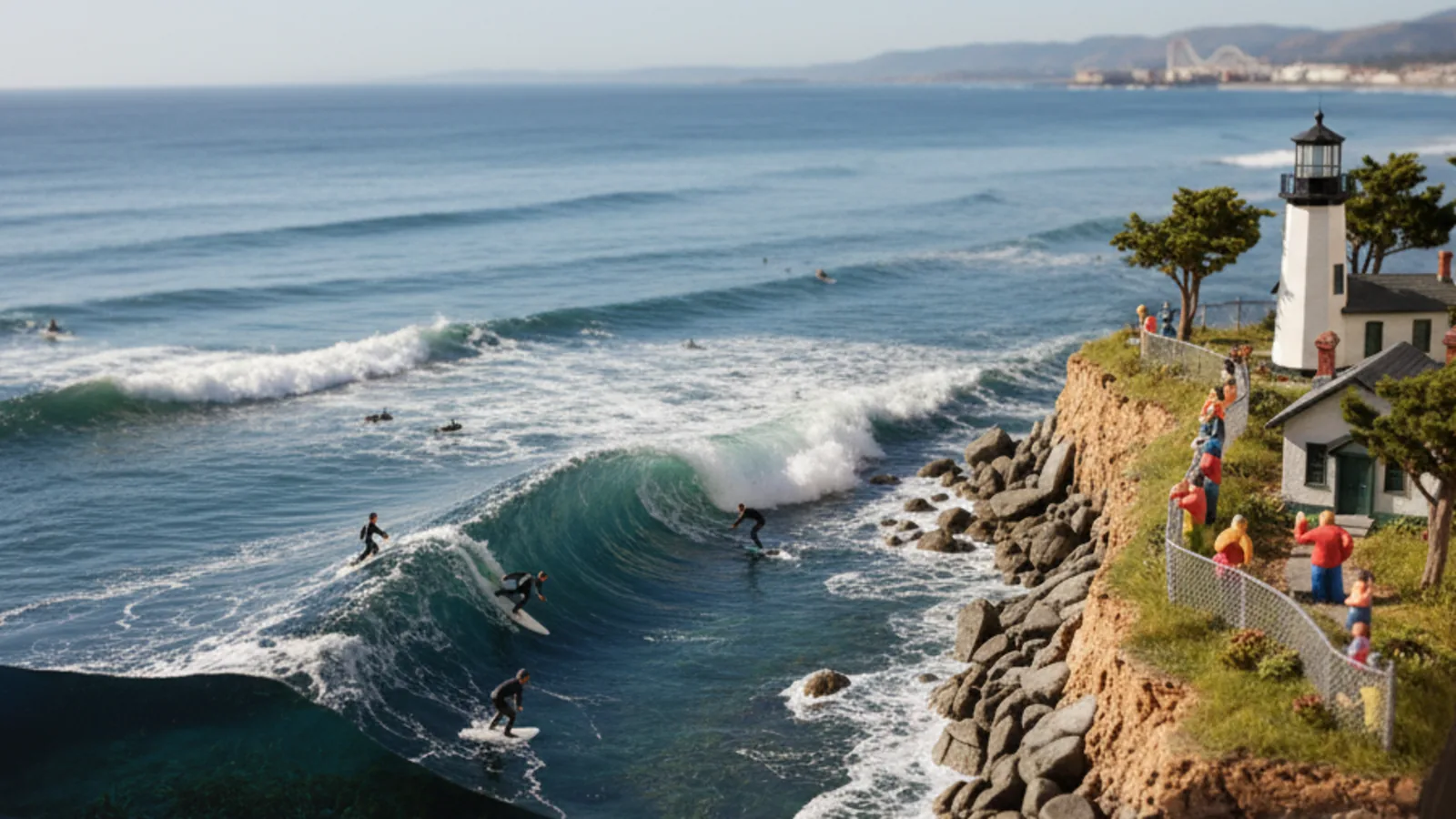 Steamer Lane surf breaking below the Santa Cruz lighthouse.