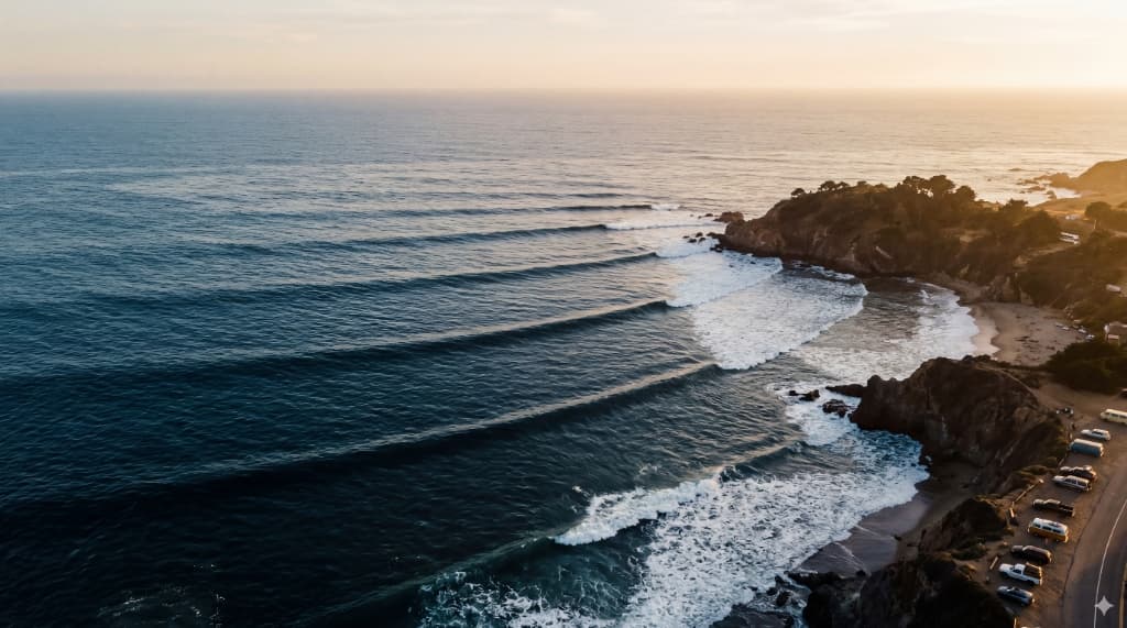 Aerial view of a coastline with surf zones and sandy beach.