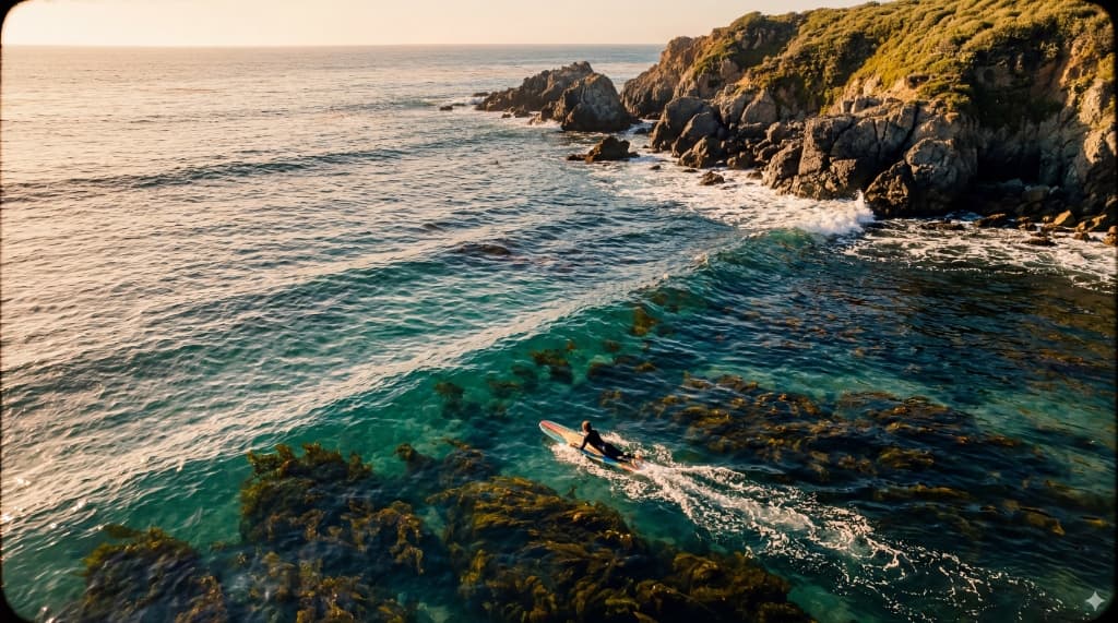 Kelp forest underwater near a coastal surf zone.