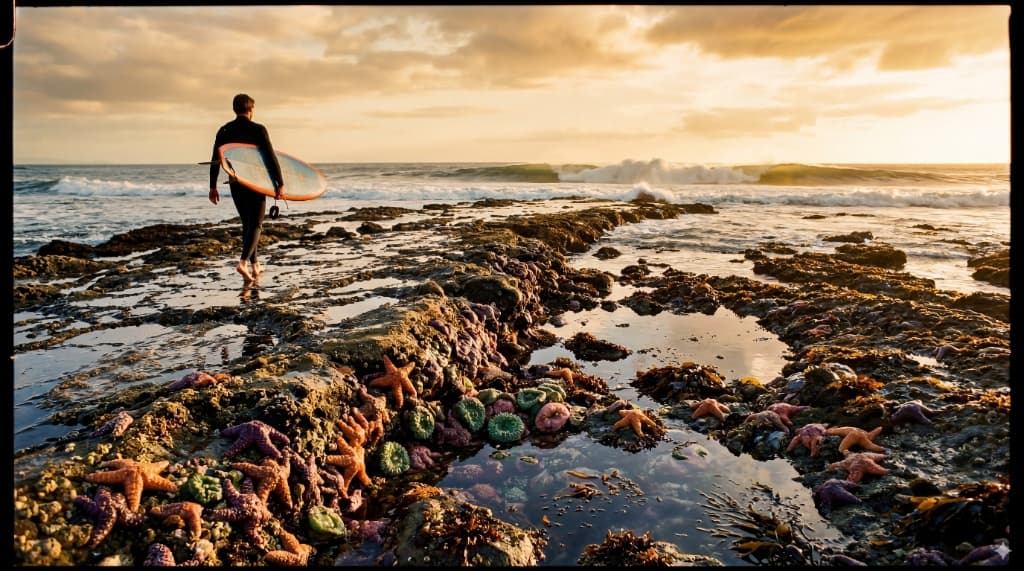 Rocky tide pools exposed at low tide.