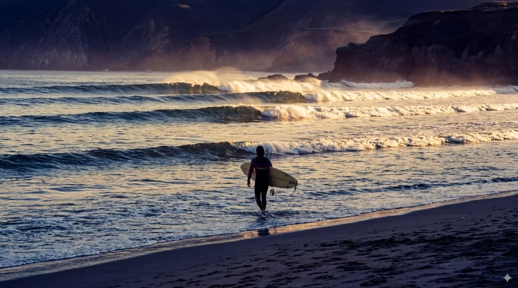 Surfer walking along the beach near sunset.