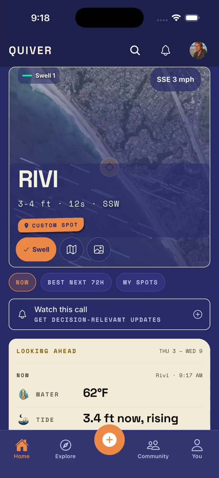 Quiver Alert Center showing surf window alerts and the beaches being watched.