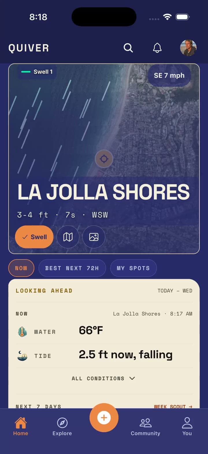 Quiver beach detail for La Jolla Shores: safety today, live conditions, and the forecast timeline expanding to the 18-hour trend.
