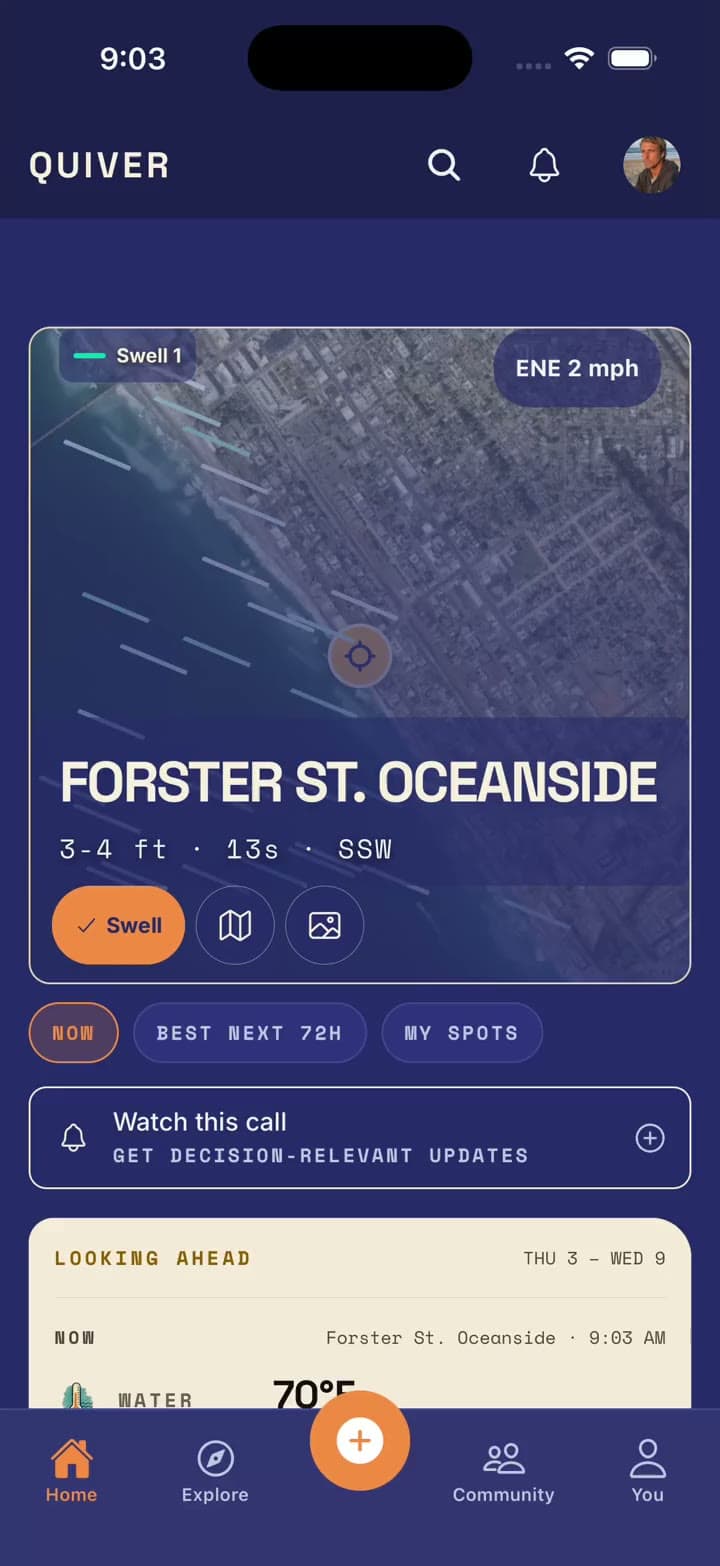 Quiver Home scrolling from today's conditions to the Looking Ahead card with the next 7 days of best windows.