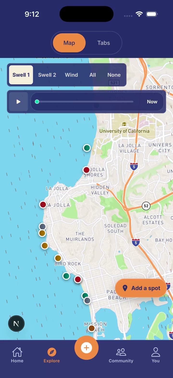 Quiver Explore map with the swell field, tapping Add a spot, dragging the pin, and opening the Save this spot sheet.